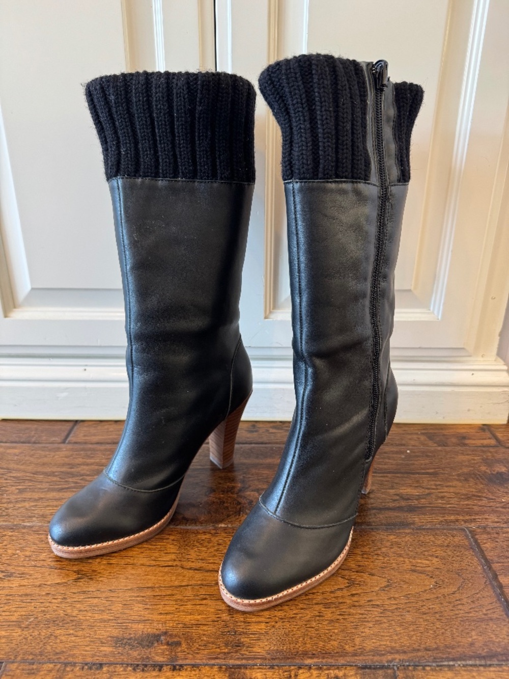 Charlotte Ronson Black Leather Knit Top Heeled Boots Size 6